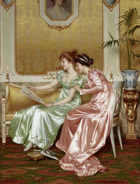 Two elegant young ladies in an interior perusing a magazine - Vittorio Reggianini
