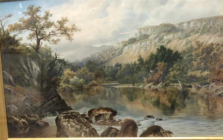 An extensive Welsh landscape with children and dog paddling at the edge of a lake - William Henry Mander