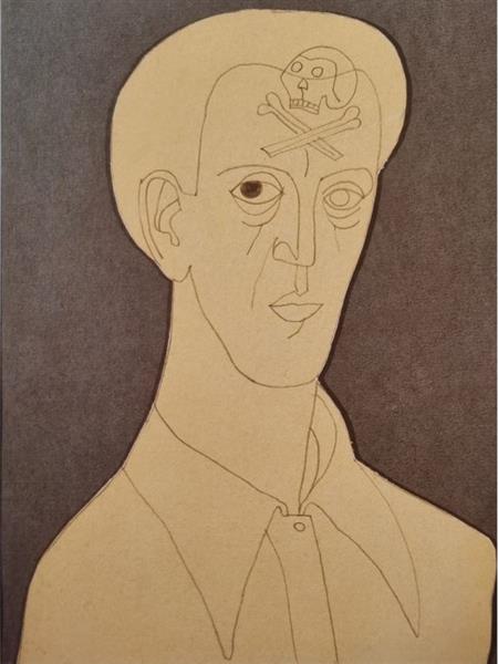 Vajda Lajos Self Portrait with Scull. 1936, Pencil , Collage on Cardnoard, 23.5x22cm, 1936 - Lajos Vajda