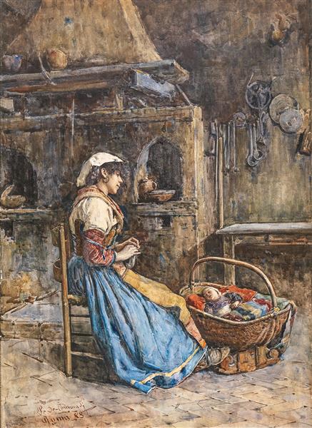 Roman woman and child in a kitchen interior, 1888 - Publio de Tommasi