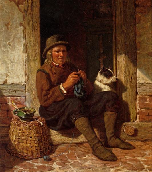 A man seated in a doorway knitting with his dog, 1839 - Рудольф Иордан