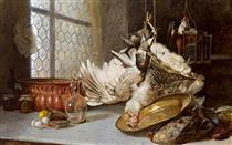 Still Life with Birds, Brass Bowl and Copper Pot - Carl Moll