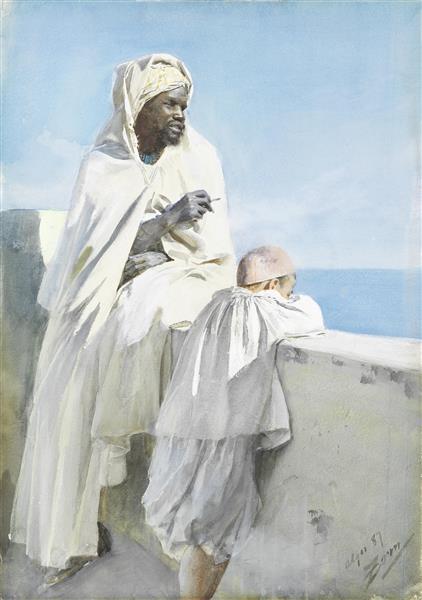 An Algerian Man and Boy Looking Across Bay of Algiers, 1887 - Андерс Цорн