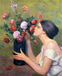 Woman with bouquet of roses - Federico Zandomeneghi