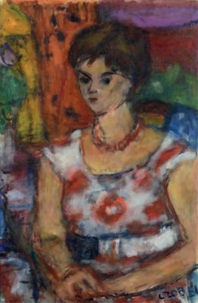 Bela Czobel, 1960 Young Women Sitting with Flower Dress - Béla Czóbel