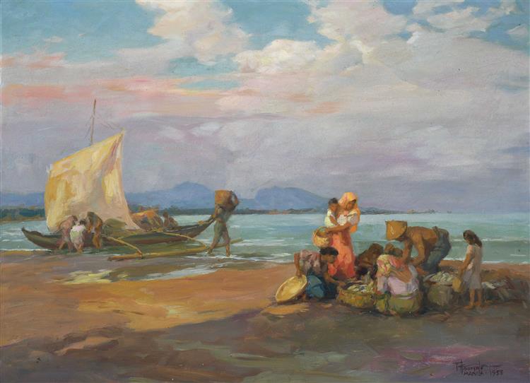 By The Beach, 1958 - Fernando Amorsolo