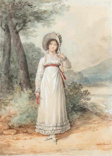 Full length portrait of Madame Horace Vernet, born Louise Pujol, drawn outdoors, c.1811 - Antoine Charles Horace Vernet