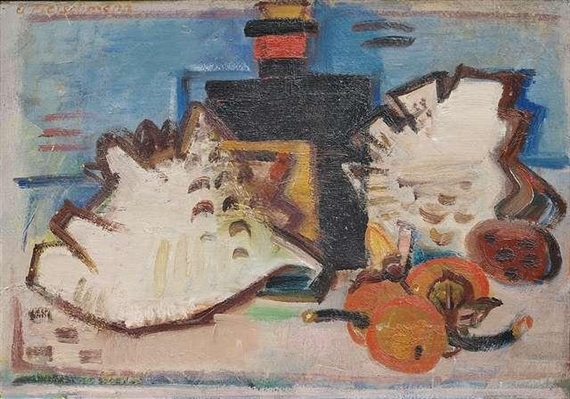 Sill life with fruits, mussels and a bottle - Adolf Fleischmann