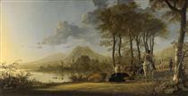 River Landscape with Horseman and Peasants - Albert Jacob Cuyp