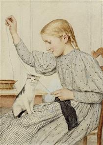 Sitting girl with a cat - Альберт Анкер