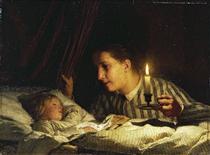 Young mother contemplating her sleeping child in candlelight - Альберт Анкер