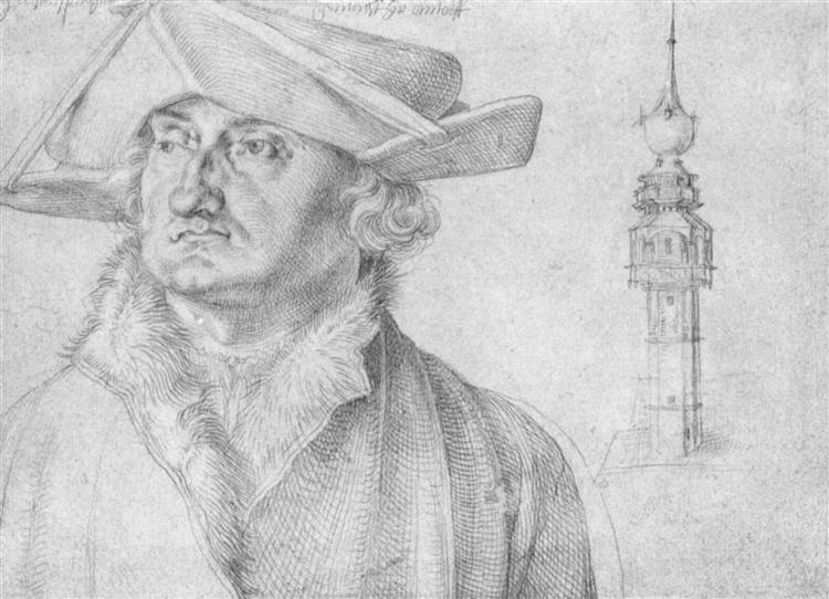 Portrait of Lazarus Ravensburger and the turrets of the court of Lier in Antwerp, 1520 - 1521 - Albrecht Durer