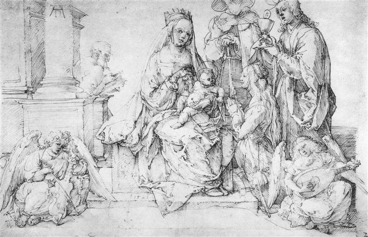 Studies on a great "picture of the Virgin"   Madonna and Child, saints and angels playing, 1521 - Albrecht Dürer