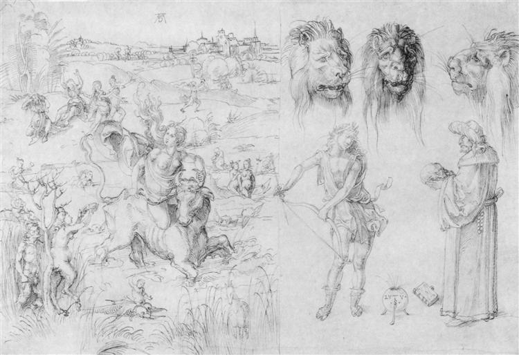 Study sheet with the Rape of Europa, 1495 - Albrecht Dürer