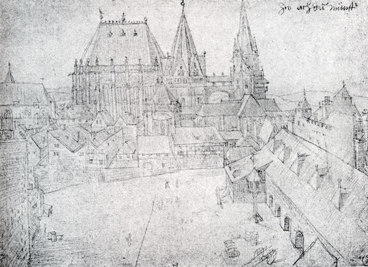 The Cathedral Of Aix La Chapelle With Its Surroundings, Seen From The Coronation Hall, 1520 - Альбрехт Дюрер