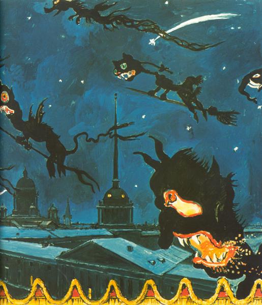 Night at the fairground. Fragment. A sketch for the curtain, 1911 - Alexandre Benois