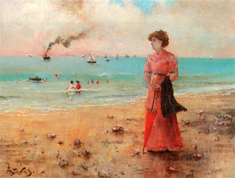 Young woman with the red umbrella by the sea, c.1885 - Альфред Стевенс