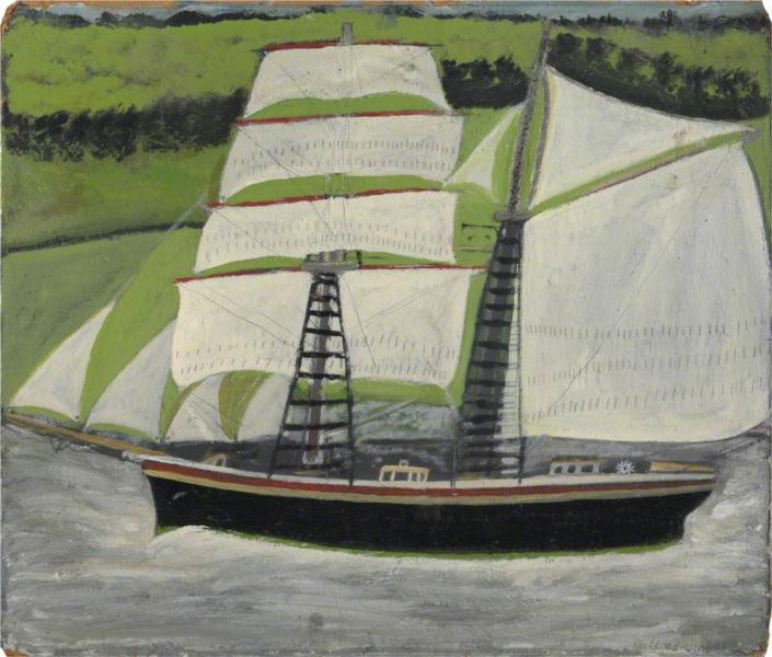 Brigantine Sailing Past Green Fields - Alfred Wallis