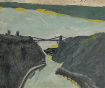 Ravine with Estuary (Bristol Channel and Suspension Bridge) - Alfred Wallis