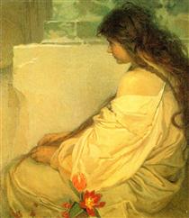 Girl with Loose Hair and Tulips - Alphonse Mucha