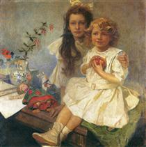 Jaroslava and Jiri, the Artist's Children - Альфонс Муха