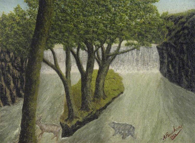 Animals Crossing a Flooded River with a Distant Waterfall, 1924 - Andre Bauchant