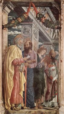 Altarpiece of San Zeno in Verona, left panel of St. Peter and St. Paul, St.John the Evangelist, St. Zeno - Andrea Mantegna