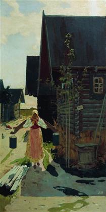 In the village. Girl with a bucket - Andreï Riabouchkine