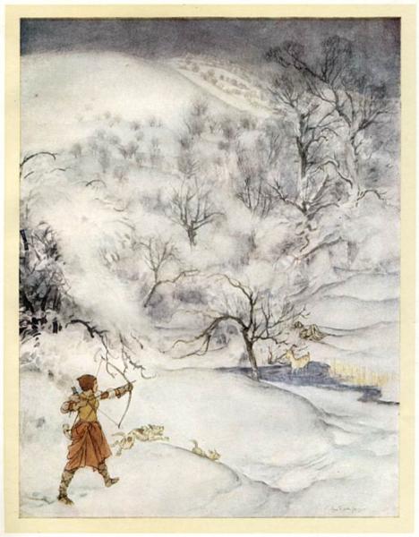 Gawain's journey through the snowy landscape - 亞瑟·拉克姆