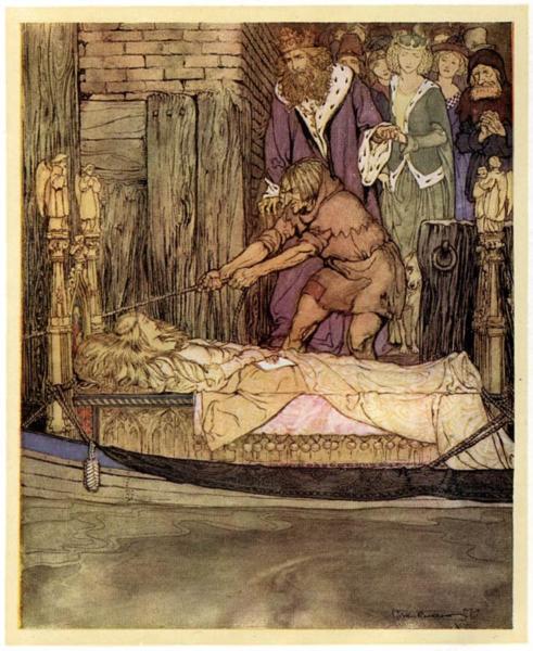 The boat with the dead Maid of Astolat before the palace at Westminster - Arthur Rackham