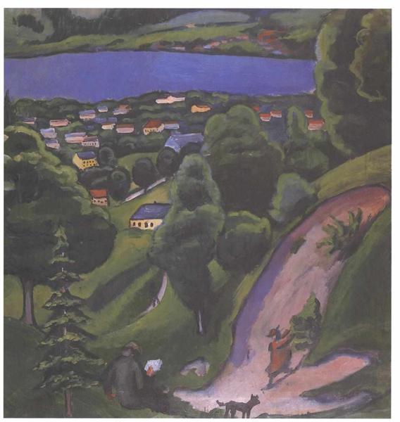 Landscape on the Teggernsee with a reading man, 1910 - Август Маке