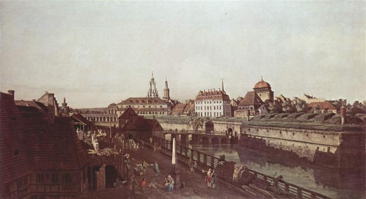 View of Dresden, the Dresden fortifications, moat with a bridge between gate and post mile pillar Wilsche, c.1750 - Белотто Бернардо