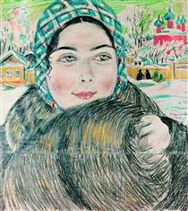 A young merchant's wife in the a checkered scarf - Boris Kustodiev