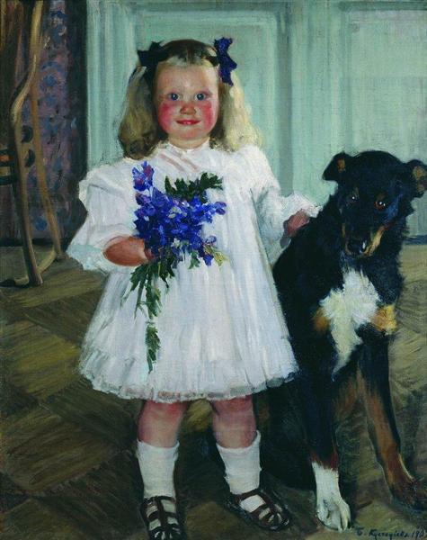 Portrait of Irina Kustodiev with the dog Shumka, 1907 - Borís Kustódiev