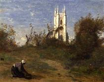 Landscape with a White Tower, Souvenir of Crecy - 柯洛