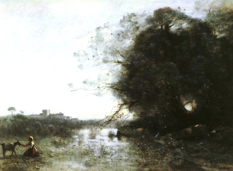 Болото возле большого дерева и пастушка - Камиль Коро