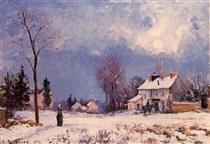 Le Relais de poste, route de Versailles, Louveciennes, neige - Camille Pissarro