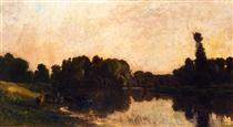 Daybreak, the Oise, Ile de Vaux - Charles-Francois Daubigny