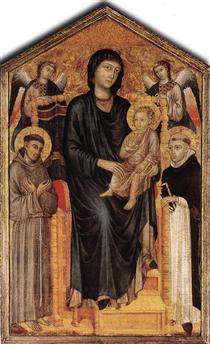 Мадонна на троне с младенцем, святым Франциском, святым Домеником и двумя ангелами - Чимабуэ