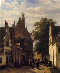 Figures in a Street in Delft - Cornelis Springer
