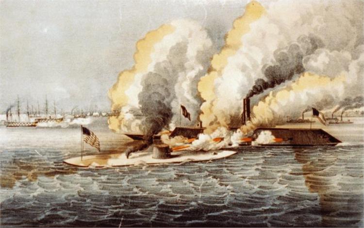 Terrific combat between the 'Monitor' 2 guns & 'Merrimac' 11 guns in Hampton Roads March 9th., 1862, 1862 - Currier and Ives
