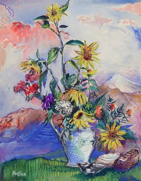 Flowers and Seashells in a Mountain Landscape, c.1951 - David Burliuk