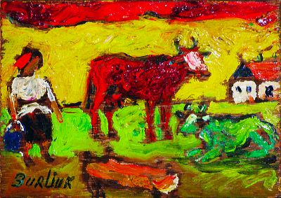 Peasant woman with red and green cows - David Bourliouk