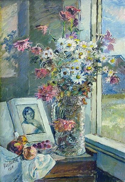 Vase with flowers and book by the window, 1954 - David Burliuk