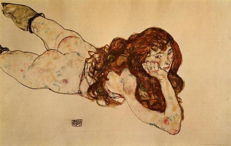 Female Nude Lying on Her Stomach, 1917 - Egon Schiele