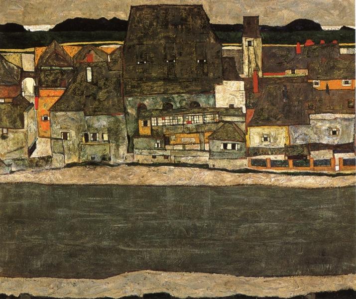Casas junto al río. La ciudad vieja, 1914 - Egon Schiele