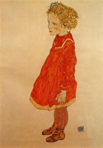 Little Girl with Blond Hair in a Red Dress - Egon Schiele