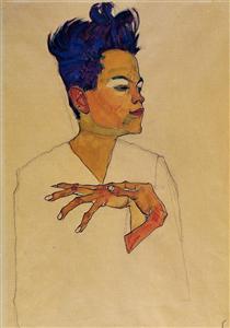 Self Portrait with Hands on Chest - Egon Schiele