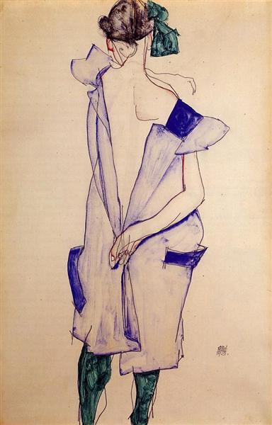 Standing Girl in a Blue Dress and Green Stockings, Back View, 1913 - 席勒
