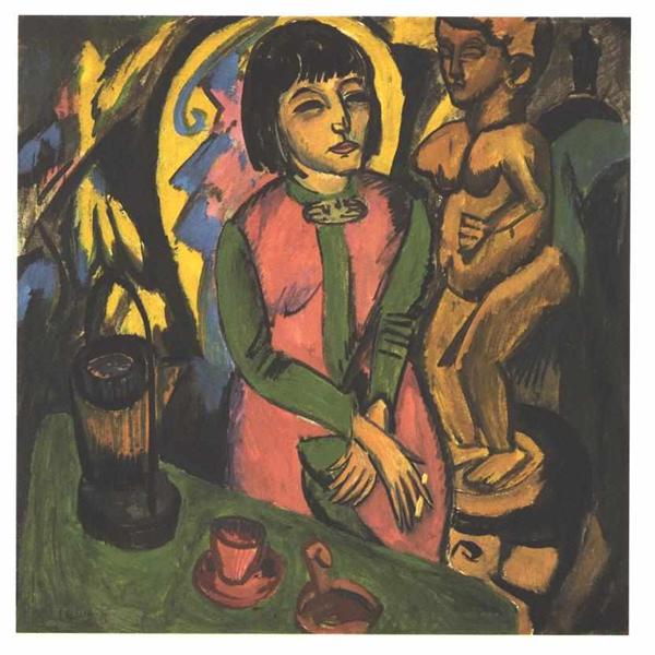 Sitting Woman with a Wooden Sculpture - Ernst Ludwig Kirchner
